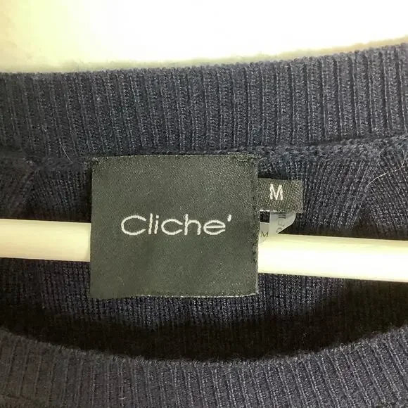 Cliche Navy Pleated Bell Sleeve Sweater Striped Cuffs Medium - Picture 6 of 7